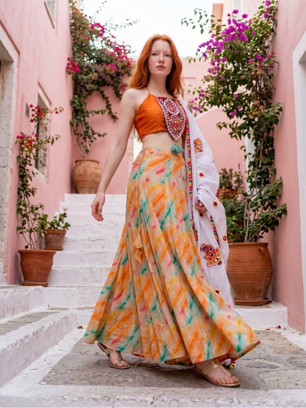 NEW! Boho Tie-Dye Maxi Skirt and top in Orange and Multi